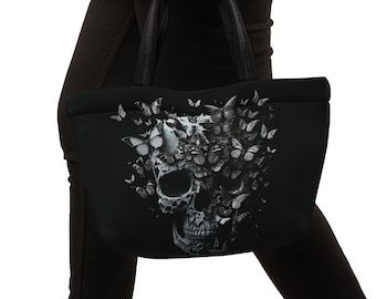 Lunch Bag!  Skull turning in to butterflies on a black neoprene lunch sack.  Tote Bag, Lunch Bag, Gothic Skull.  Pretty Lunch Box/Tote!