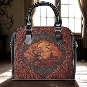 Halloween Vegan Leather Purse Haunted House Crossbody Bag Spooky Jack O Lantern Bat Handbag Faux Leather Fall October Shoulder Bag