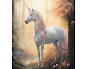 Affiche licorne !  Jolie licorne debout dans une forêt ensoleillée avec des reflets roses.  Licorne blanche avec fleurs.  Superbe oeuvre d'art murale ! Art fantastique