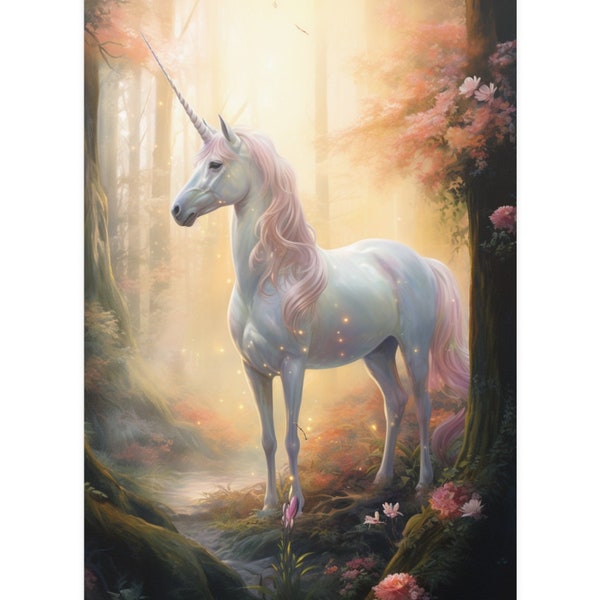 Einhorn Poster! Hübsches Einhorn im Wald mit pinken Akzenten. Weißes Einhorn mit Blumen. Tolle Wandkunst!