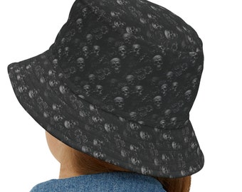 Soft Hat!  Bucket Hat with Skulls and Flowers. All Black Hat.  Gothic Skull, Cool Hat.  Sun Protection, Casual, Fun Bucket Cap. Unisex!
