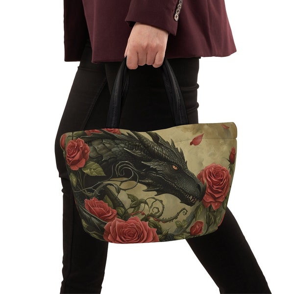 Lunch Bag!  Dragon Lunch Tote.  Neoprene Bag.  Dragon Lover, Office, School, Travel Bag.  Dragon and Flowers. Insulated Lunch Bag. Handled.