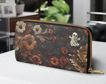 Ghost and Flowers, Zipper Wallet. Ghostly Floral Zip Wallet, Faux Leather, Cash and Card Pockets, Cute & Functional. Girl's Wallet, Clutch.