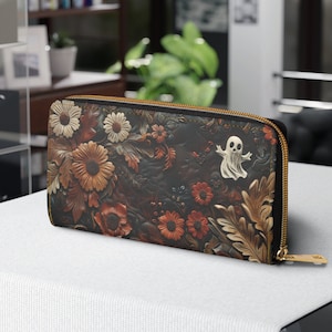 Cartera con cremallera "Fantasma y Flores". Cartera con cremallera "Fantasma Floral", de piel sintética, con compartimentos para efectivo y tarjetas. Bonita y práctica. Cartera de niña, tipo sobre.