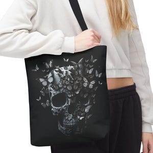 Skull and Butterflies Tote Bag, Gothic Transformation Canvas Purse Gray Skull Art Bag, Dark Aesthetic Tote, Witchy Butterfly Skull Gift Idea