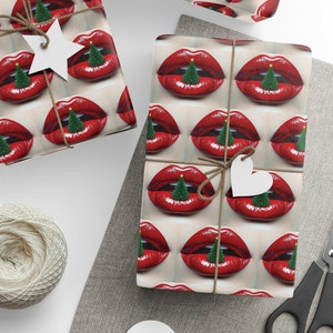 Red Lip Wrapping Papers, Bold Christmas Lips Gift Wrap, Flirty Unique Tree, Xmas Present Wrap, Festive Holiday Packaging, Red Lipstick Paper