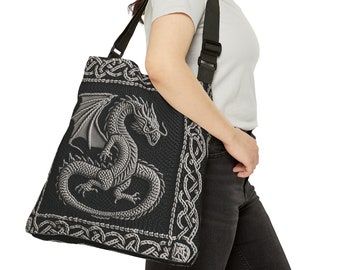 Adjustable Tote Bag, Dragon Knit Print Zippered Tote Bag - Two Sizes - Black Handle, Black Interior. Dragon Bag, Purse, Carry All, Dragon.