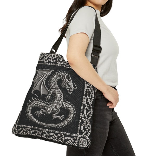 Adjustable Tote Bag, Dragon Knit Print Zippered Tote Bag - Two Sizes - Black Handle, Black Interior. Dragon Bag, Purse, Carry All, Dragon.