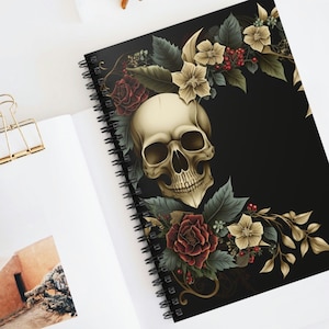 Gothic Notebook.Beautiful skull & floral arrangement on a durable cover. 8x6. Spiral Notebook, Ruled Lines, Journal Notebook Stationary Gift