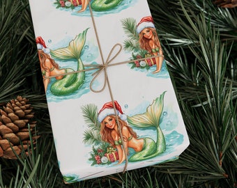Papel de regalo navideño de sirena: papel de regalo navideño con temática oceánica, papel de fantasía, regalo navideño para amantes de las sirenas, regalo elegante y único.