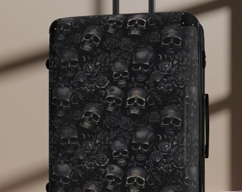 Black Flowers and Skulls Suitcase! Hard side, rolling luggage with black skulls and flowers.Gothic, Skulls, black luggage!  Skull suitcase!