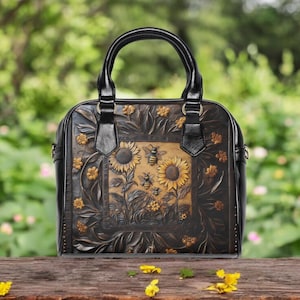 Sac à bandoulière fleuri abeilles et tournesols en similicuir, sac à main nature noir, beau sac à main pour femme, cadeau pour elle, sac à main épaule,