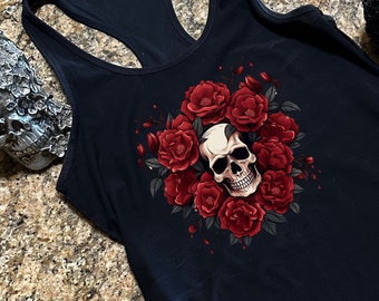 Tank top! Women's Stunning Skull Tank Top. Beautiful skull and flowers on a women's racerback tank top.  Gothic tank top.  Racerback!