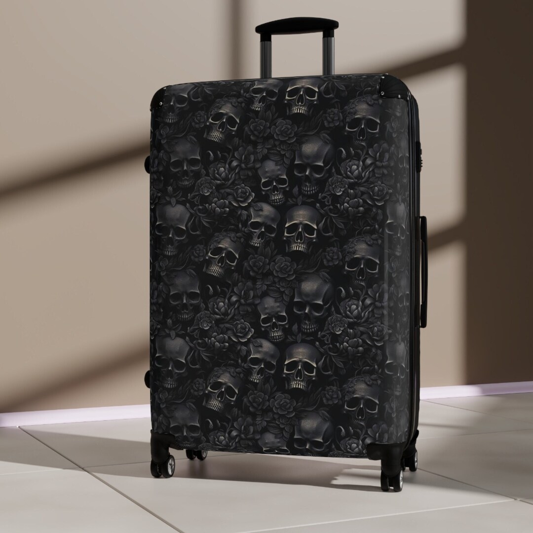 Black Flowers and Skulls Suitcase Hard Side, Rolling Luggage With Black