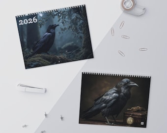 Rabe Wandkalender, 2026 Gothic Vogel Kunst, Rabe und Krähe Kunst, mystische dunkle Folklore Vögel, witchy Wohnkultur, Fantasy Jahresplaner