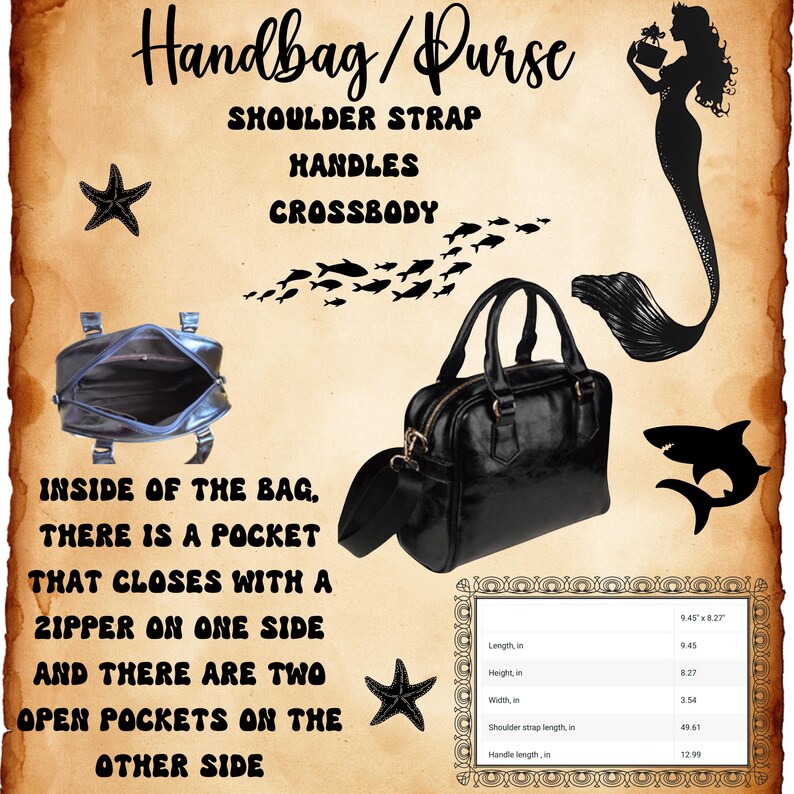 May include: Black handbag with a shoulder strap, handles, and crossbody option. The bag has a zipper pocket and two open pockets inside. Dimensions are 9.45" x 8.27" x 3.54". Shoulder strap is 49.61" long, and the handle is 12.99" long.