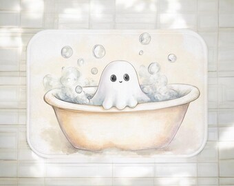 Puede incluir: Un fantasma blanco con una cara sonriente está tomando un baño en una bañera amarilla con burbujas. El fantasma está sentado en la bañera con los brazos y las piernas fuera del agua. Hay burbujas flotando alrededor del fantasma y la bañera.
