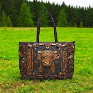 Sac à main fourre-tout en vache Highland, simili cuir, sac imitation cuir, style rustique brun noir, sac à main pour femme, mignon, grand sac ! Cartable classique et unique.