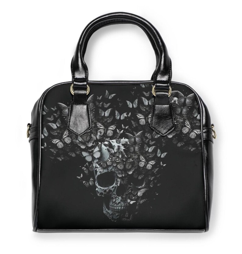 Gothic Handbag, Skull and Butterflies Gothic Purse, Alternative Rocker Cool Bag, Stylish Goth Bag, Edgy Crossbody Purse, Goth Girl Satchel. image 3