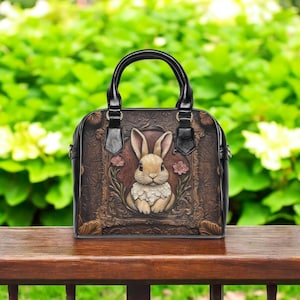 Bunny Shoulder Handbag, Easter Spring Purse, Faux Tooled Leather Satchel, Animal Loving Nature, Black Faux Leather, Cute Little Rabbit.