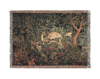 Woven Blanket, Dragon And Princess, Fantasy Home Decor, Neutral Tones, Cozy Throw Bed Covering Or Wall Tapestry, Soft Dragon Lover Gift.