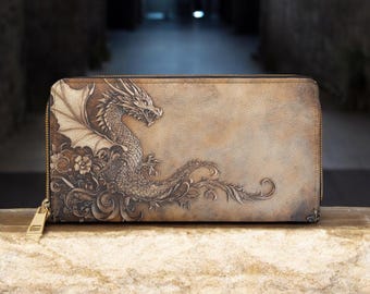 Zipper Wallet, Dragon Design, Faux Leather, Filagree Print, Brown Shades, Ancient Parchment Look, Faux Distressed Wallet, Unisex Wallet