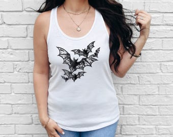 Cute Bat Racerback Tank, Spooky Top, Women's Witch Apparel, Gothic Style Clothing, Goth Bats In Lace Style Subtle Dark Elegance