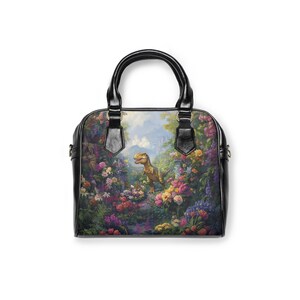 T-Rex Shoulder Handbag! Black Faux Leather With Flowers & Dinosaur. Dinosaurs Art, Theme, Decor, Design, Accessory. Dinocore, Unique Gift! image 3
