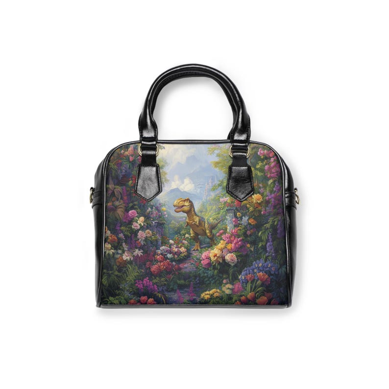 T-Rex Shoulder Handbag! Black Faux Leather With Flowers & Dinosaur. Dinosaurs Art, Theme, Decor, Design, Accessory. Dinocore, Unique Gift! image 3
