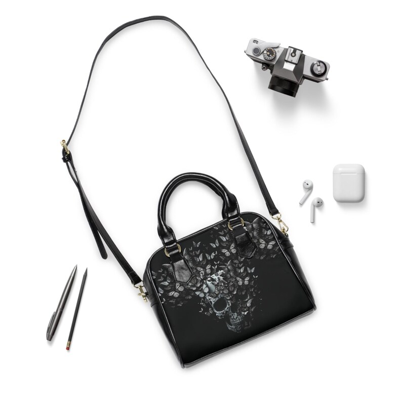 Gothic Handbag, Skull and Butterflies Gothic Purse, Alternative Rocker Cool Bag, Stylish Goth Bag, Edgy Crossbody Purse, Goth Girl Satchel. image 5
