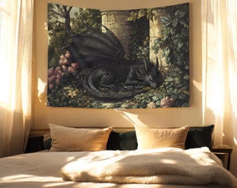 ドラゴンタペストリー、神秘的な中世の黒ドラゴンの壁アート、寝室の装飾、フラワーガーデンハンギング、自宅、寮、ファンタジー用の屋内タペストリー