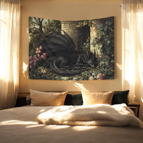 Dragon Tapestry, Mystical Medieval Black Dragon Wall Art, Bedroom Decor, Flower Garden Hanging, Indoor Tapestries for Home, Dorm, Fantasy