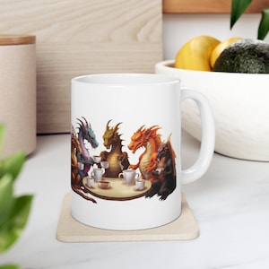 Mug! Coffee Loving Dragons on a Ceramic Mug, 11oz.  White mug with dragons!  Dragon lovers, Coffee, Tea Cup, Fantasy Mug, Group of Dragons!