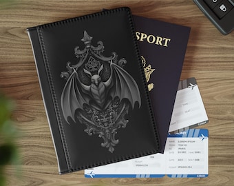 Gothic Bat Crest Passport Cover | Vampire Bat Travel Accessory, Cool Travel, Faux Leather Case, RFID Blocking, Unisex Case.
