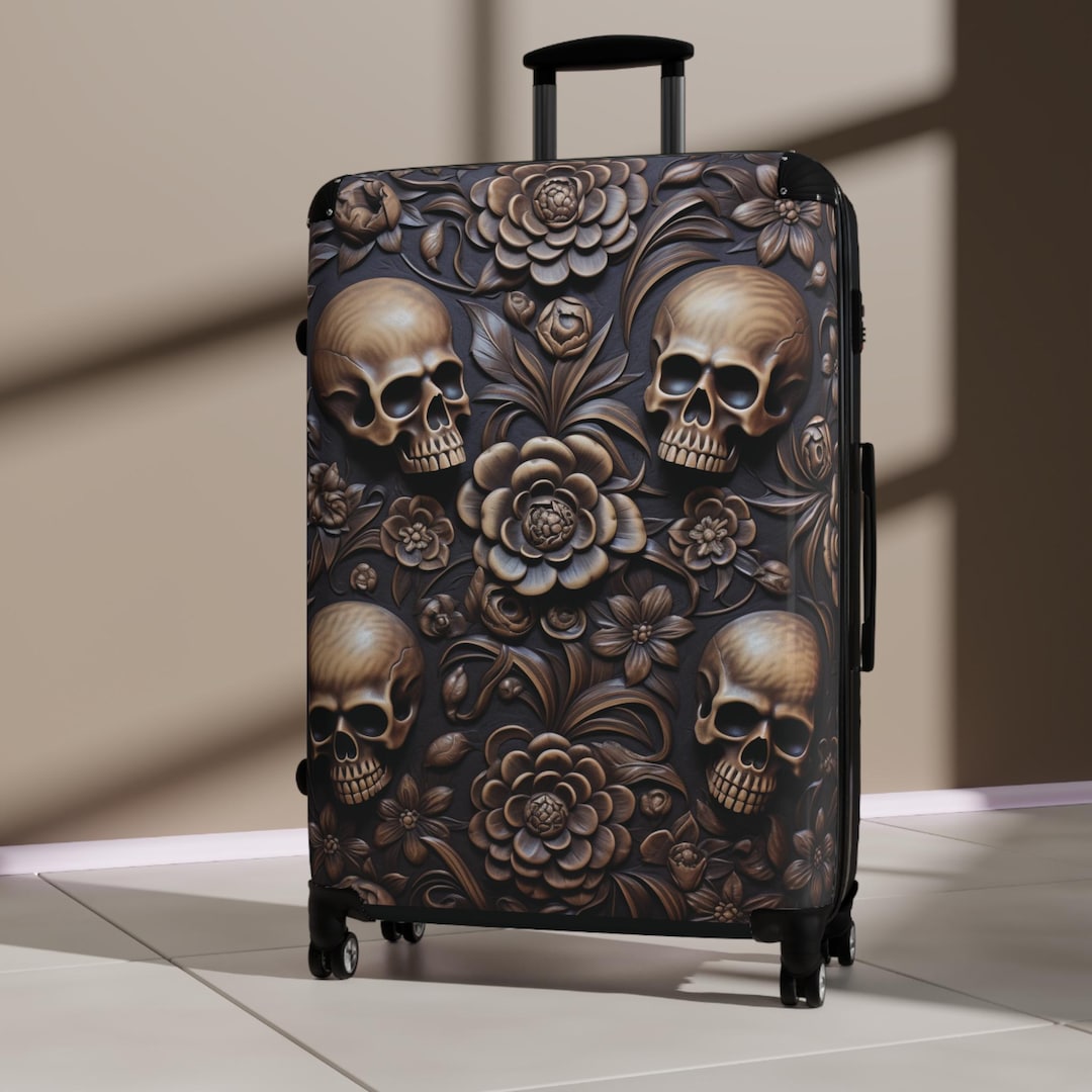 Luggage Skull Suitcase. Western Boho Gothic. Hard side wheeled luggage available in 3 sizes. Skulls and Flowers Travel Vacation Etsy