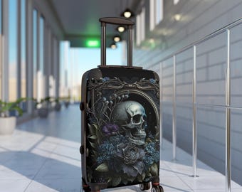Gothic Skull and Blue Gray Flowers Suitcase Moody Floral Travel Luggage in 3 Sizes Carry On Friendly and Expandable Option Elegant Travel