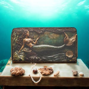Meerjungfrau Reißverschluss Geldbörse, Fantasie Kupplung Geldbörse, Ozean-Liebhaber Kunstleder Geschenk, Reißverschluss Geldbörsen, Unter dem Meer Zubehör, Nautische Geldbörse