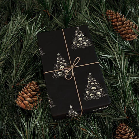Gothic Wrapping Paper, Skulls on a Christmas Tree, Alternative Gift Wrap - Black Paper With Bone White Tree & Skulls, Elegant, Edgy Paper