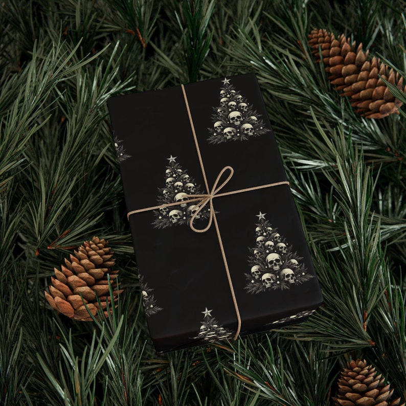 Gothic Wrapping Paper, Skulls on a Christmas Tree, Alternative Gift Wrap - Black Paper With Bone White Tree & Skulls, Elegant, Edgy Paper image 1