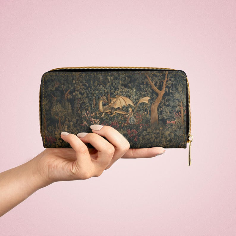 Medeltida drakevävplånbok med dragkedja | Vintage skogsscen, prinsessa och drake kuvertväska, lång plånbok, unisex accessoar bild 8