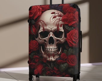 Stunning Suitcase!  Red roses and a skull on black hard shell luggage.  Three sizes available.  Gothic, Cool, Floral!