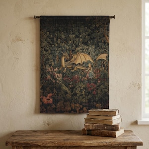 May include: A rectangular wall tapestry featuring a woven scene of a golden dragon with spread wings standing in a dark, dense forest filled with colourful flowers and foliage, suspended from a dark metal rod against a textured beige wall.