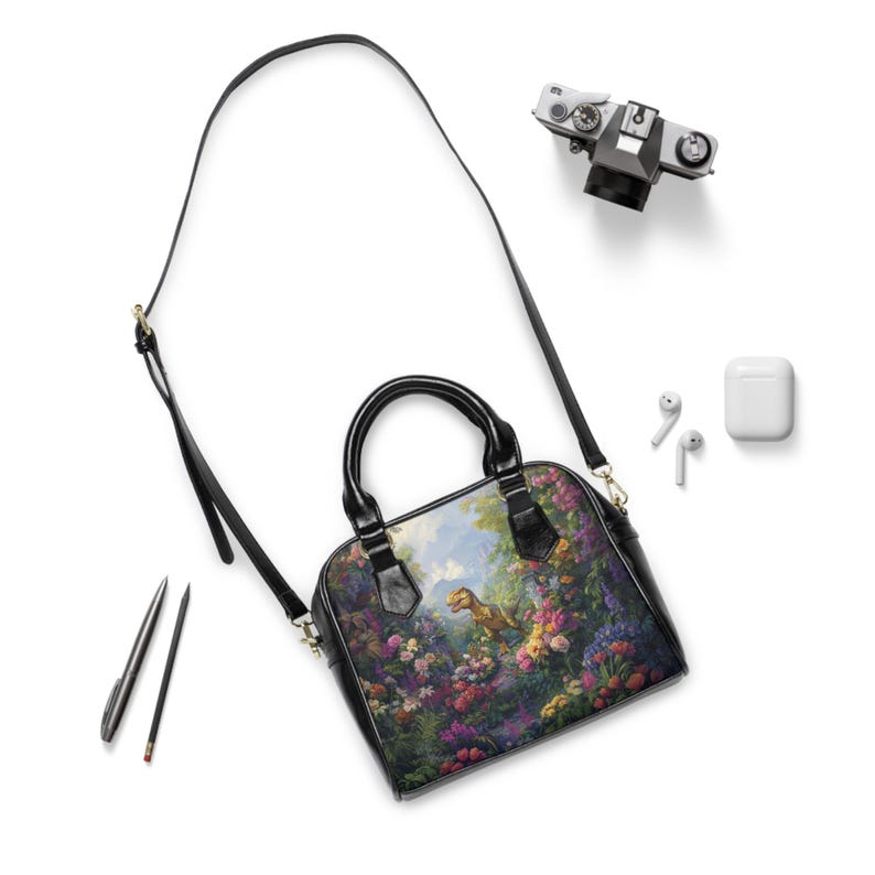T-Rex Shoulder Handbag! Black Faux Leather With Flowers & Dinosaur. Dinosaurs Art, Theme, Decor, Design, Accessory. Dinocore, Unique Gift! image 4