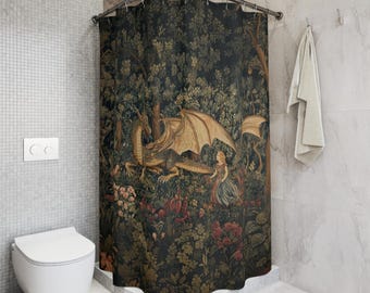 Medieval Dragon Tapestry Style Shower Curtain, Vintage Vibes Forest Fantasy, Neutral Bath Decor, Bathtub Curtain, Princess Art, Unique!