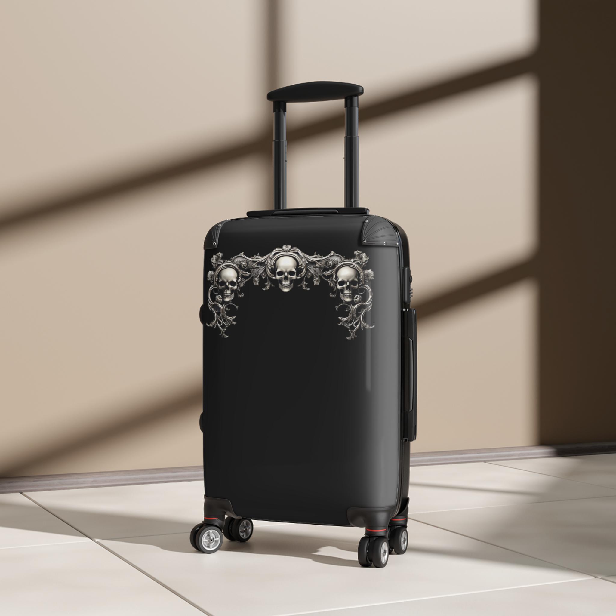 Skull Suitcases Gothic Black Skulls and Scrolls Design elegant Edgy Travel Luggage Bags Goth Decor Cool Suitcase Silver Gray Design Etsy UK