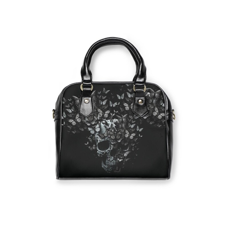 Gothic Handbag, Skull and Butterflies Gothic Purse, Alternative Rocker Cool Bag, Stylish Goth Bag, Edgy Crossbody Purse, Goth Girl Satchel. image 4