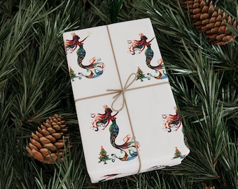 Papel de regalo de sirenas, papel de regalo navideño, papel de regalo con motivos costeros y marinos, decoración abstracta de sirenas, artículos para regalos de Navidad