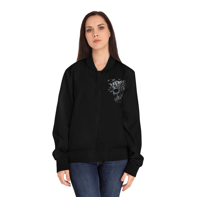 Women's Bomber Jacket! Black jacket with butterflies and skulls! Pretty jacket, zip up jacket! Gothic girl's jacket, skulls! Cool jacket! image 3