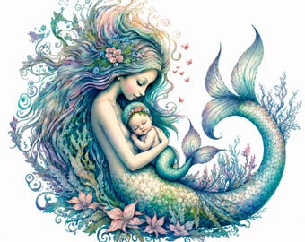 Mermaid Mother and Baby Art, Digital Download Only For Birth Announcement, Nursery Decor, Baby Shower, Fantasy Home Decor, New Mom Girl Gift
