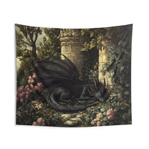 Tapisserie dragon, oeuvre d'art mural dragon noir médiéval mystique, décoration de chambre à coucher, jardin fleuri suspendu, tapisseries d'intérieur pour la maison, dortoir, fantaisie image 3